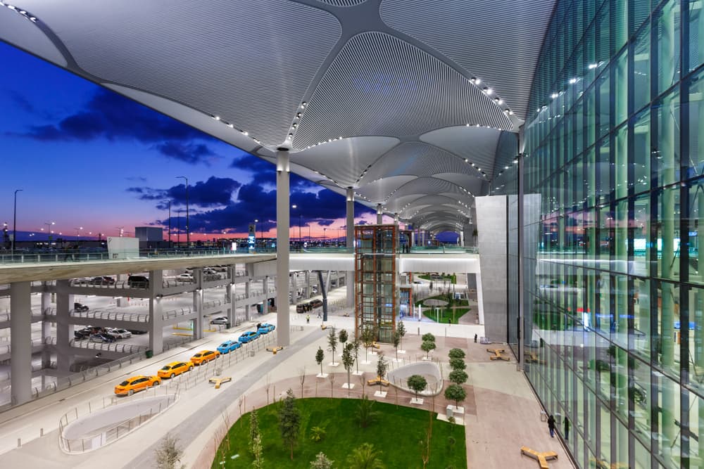 Istanbul Airport main entrance and terminal building — the gateway to Turkey and Europe's busiest airport